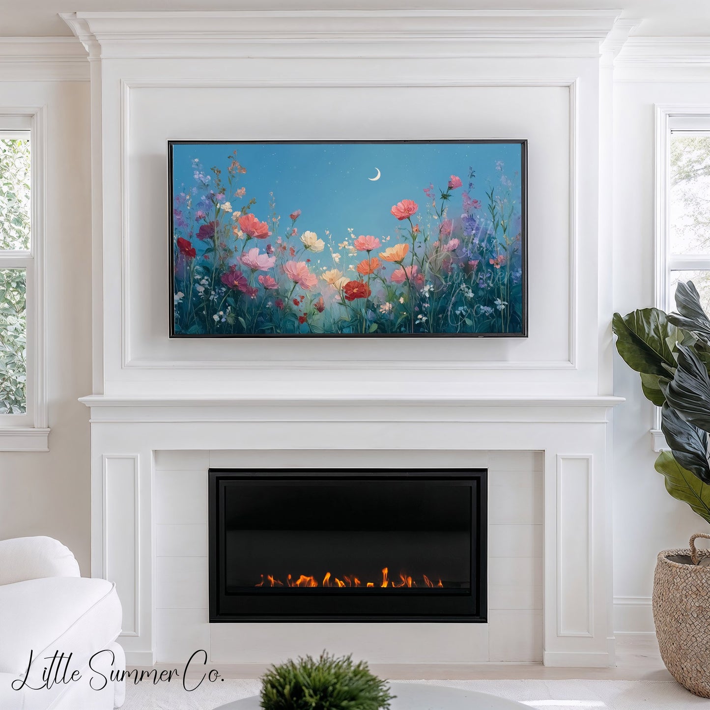 Moonlit Wildflowers Frame TV Art displayed on a TV