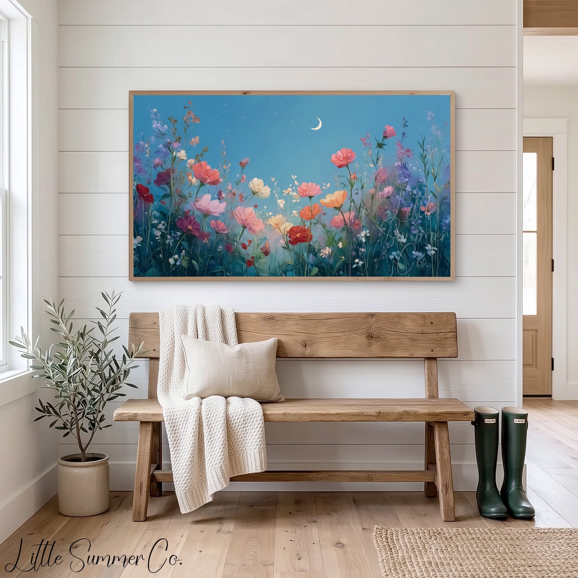 Moonlit Wildflowers Frame TV Art displayed on a TV