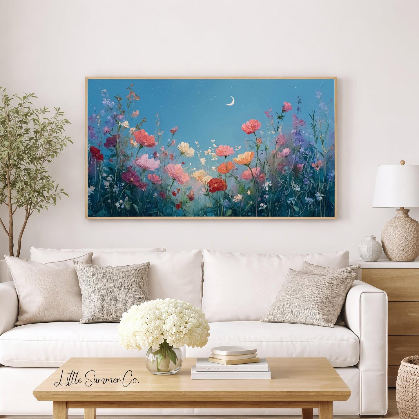 Moonlit Wildflowers Frame TV Art displayed on a TV