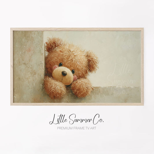 Peeking Teddy Bear Frame TV Art displayed on a TV