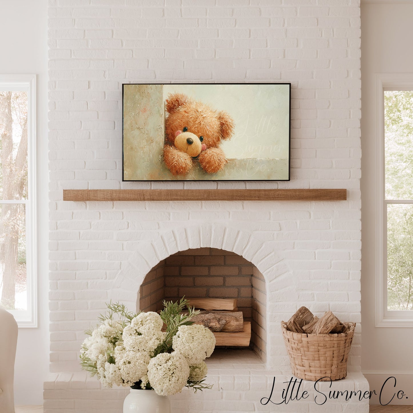 Peeking Teddy Bear Frame TV Art displayed on a TV