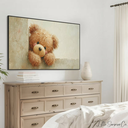 Peeking Teddy Bear Frame TV Art displayed on a TV