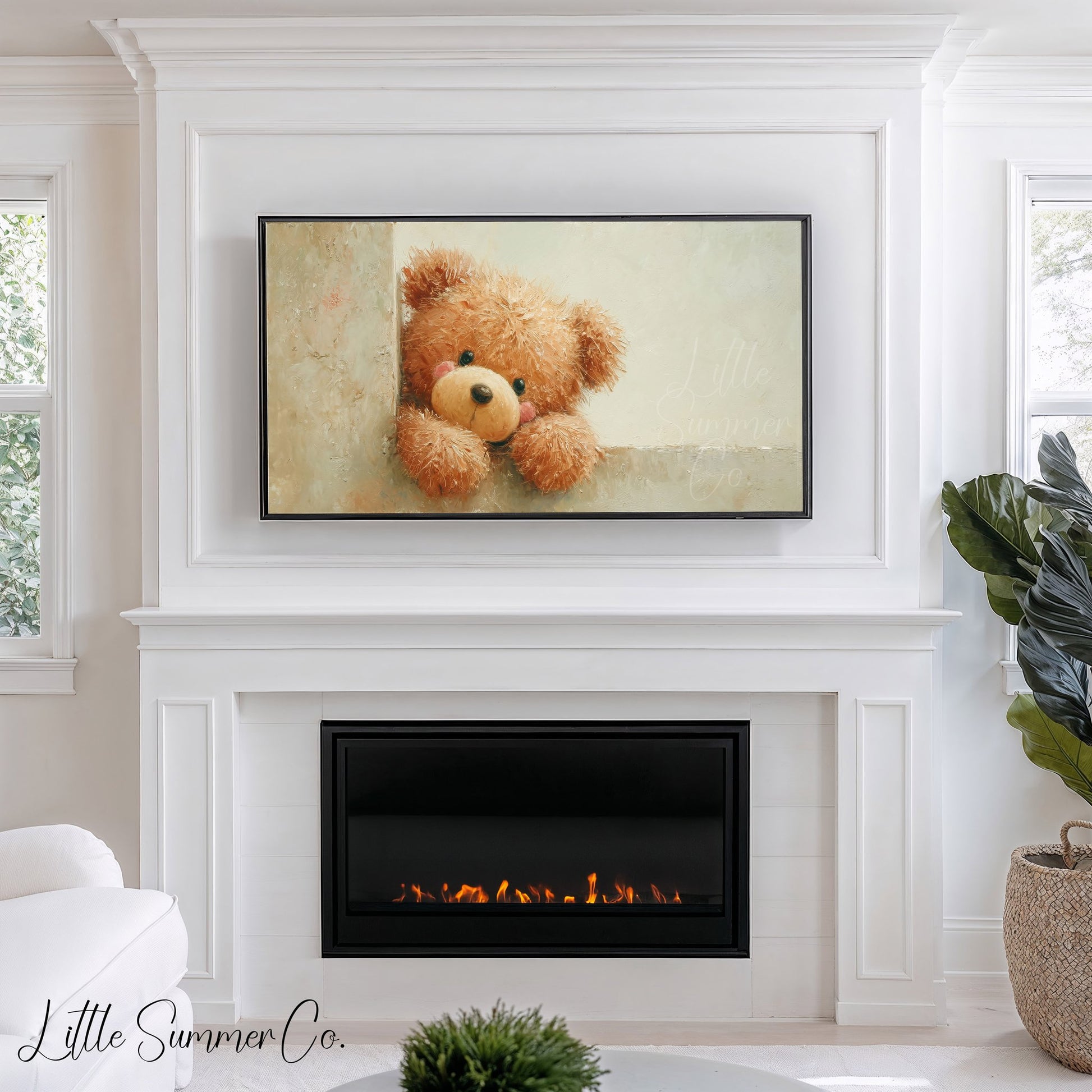 Peeking Teddy Bear Frame TV Art displayed on a TV
