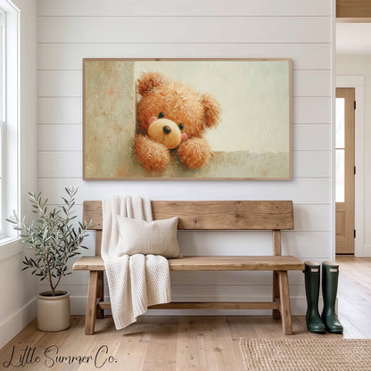 Peeking Teddy Bear Frame TV Art displayed on a TV
