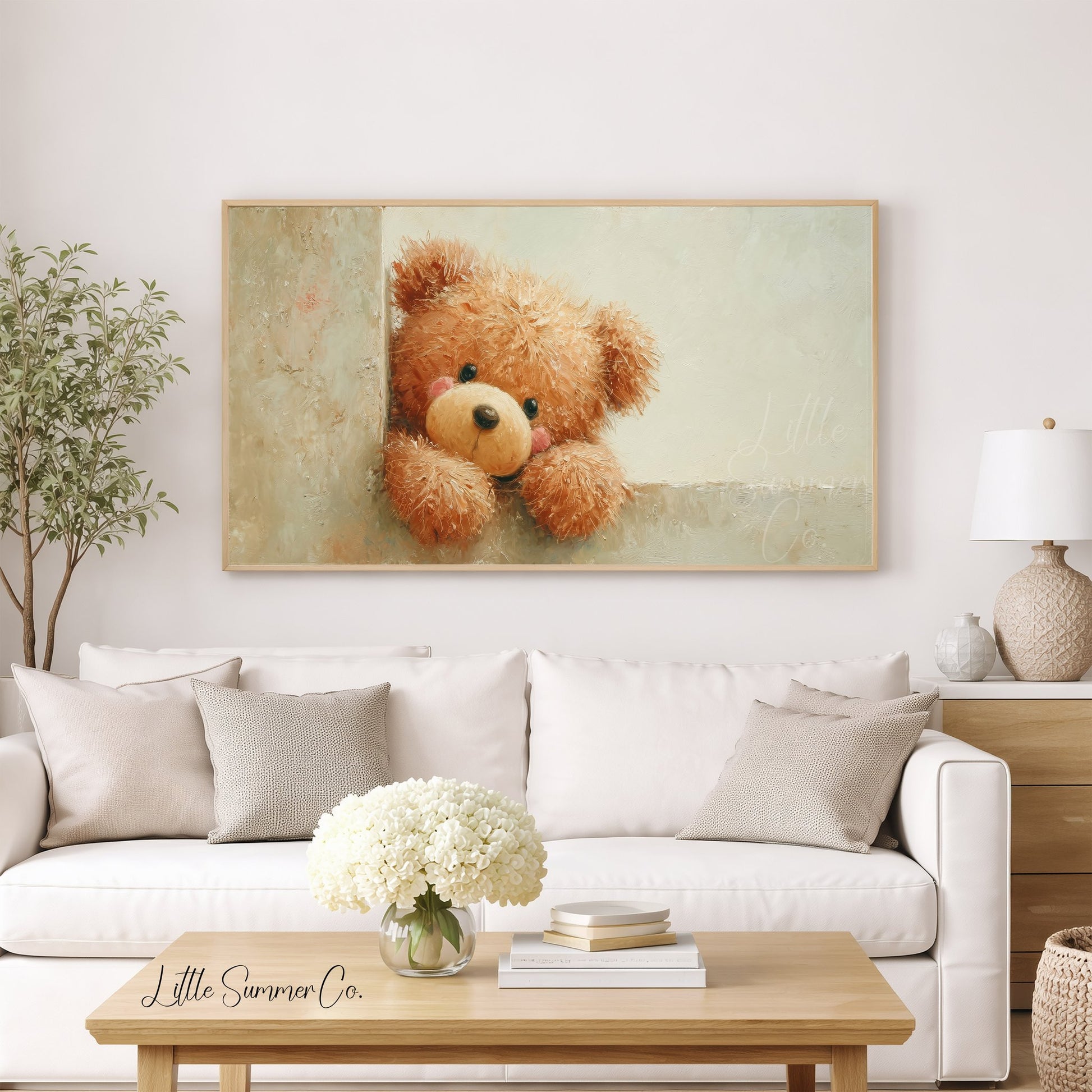Peeking Teddy Bear Frame TV Art displayed on a TV
