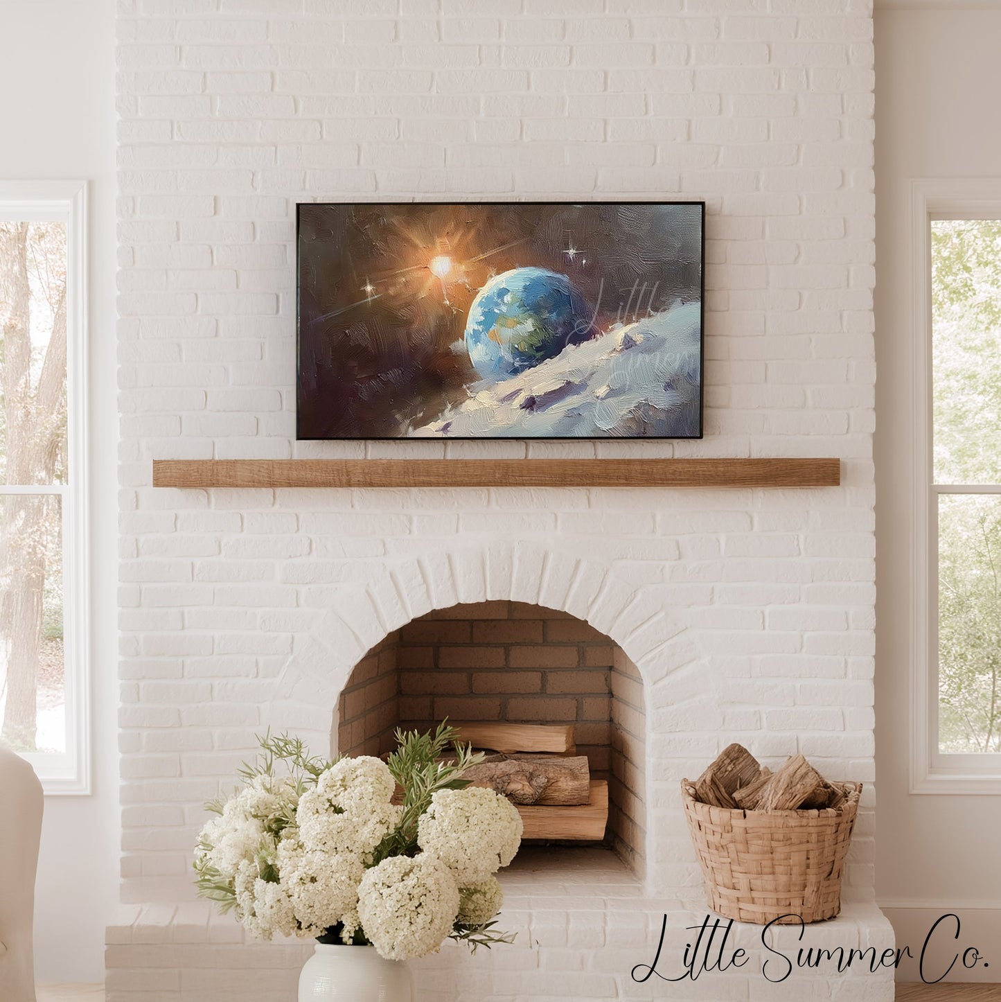 Sunlit Earthrise Over Moon Frame TV Art displayed on a TV