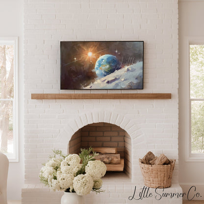 Sunlit Earthrise Over Moon Frame TV Art displayed on a TV