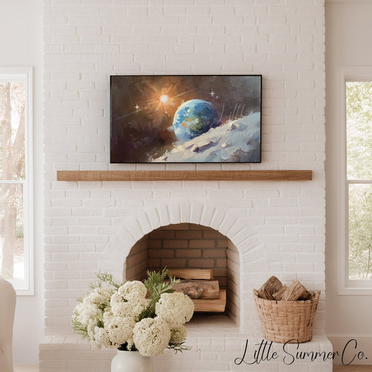 Sunlit Earthrise Over Moon Frame TV Art displayed on a TV