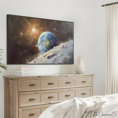 Sunlit Earthrise Over Moon Frame TV Art displayed on a TV