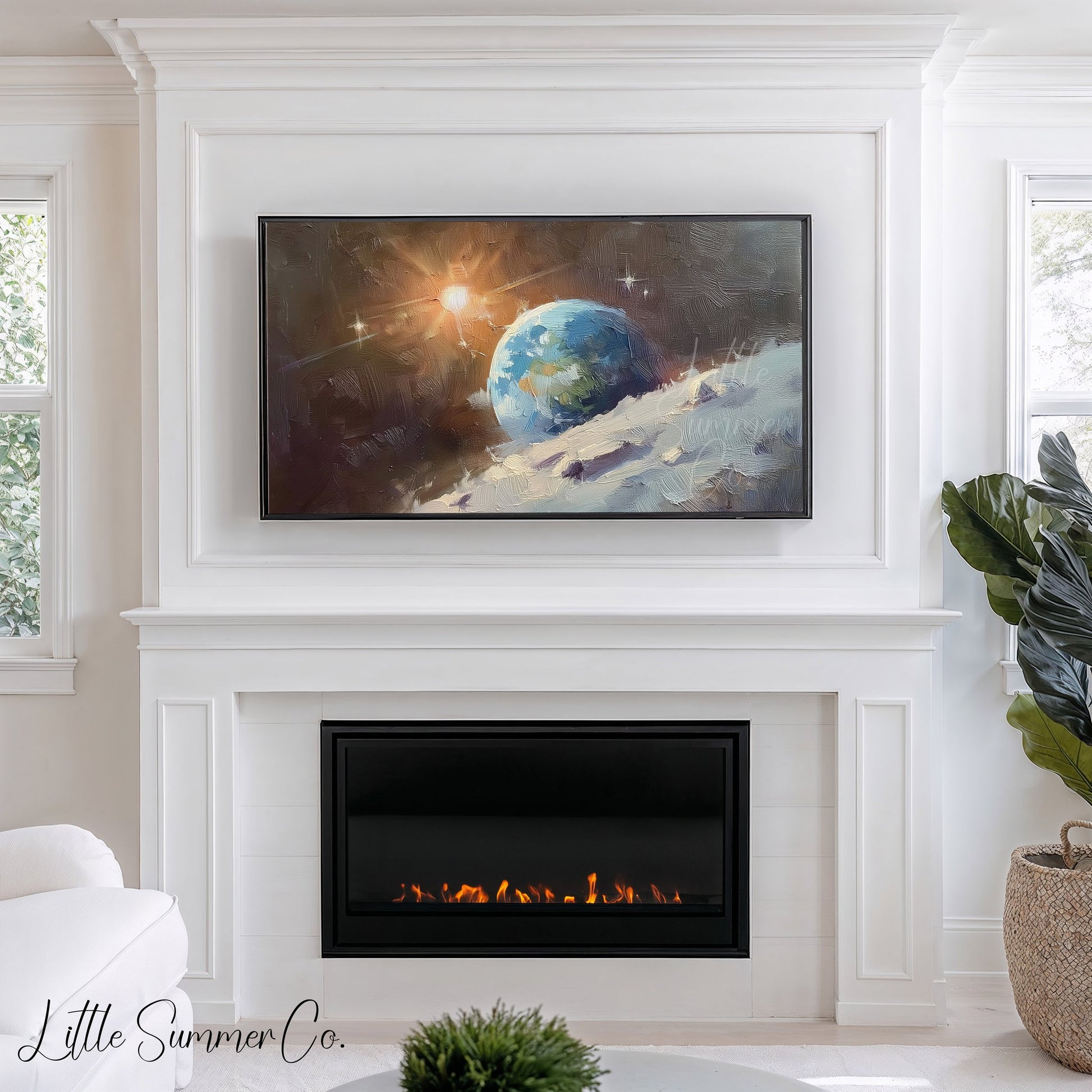 Sunlit Earthrise Over Moon Frame TV Art displayed on a TV