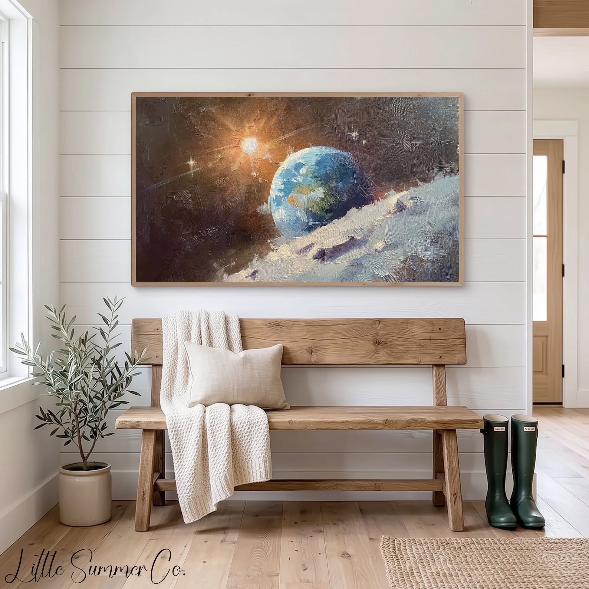 Sunlit Earthrise Over Moon Frame TV Art displayed on a TV