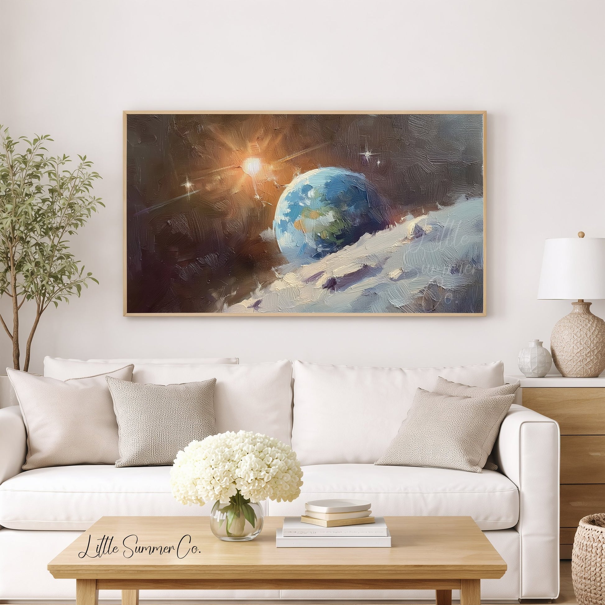 Sunlit Earthrise Over Moon Frame TV Art displayed on a TV
