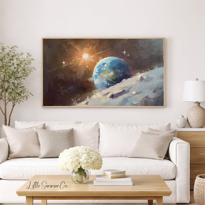 Sunlit Earthrise Over Moon Frame TV Art displayed on a TV