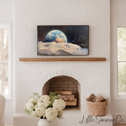 Blue Earth Above Moon Frame TV Art displayed on a TV