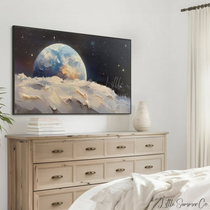 Blue Earth Above Moon Frame TV Art displayed on a TV