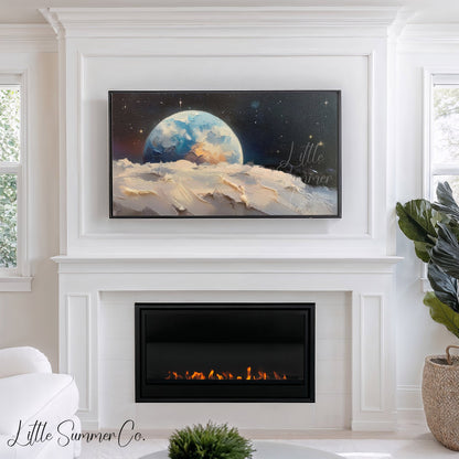 Blue Earth Above Moon Frame TV Art displayed on a TV