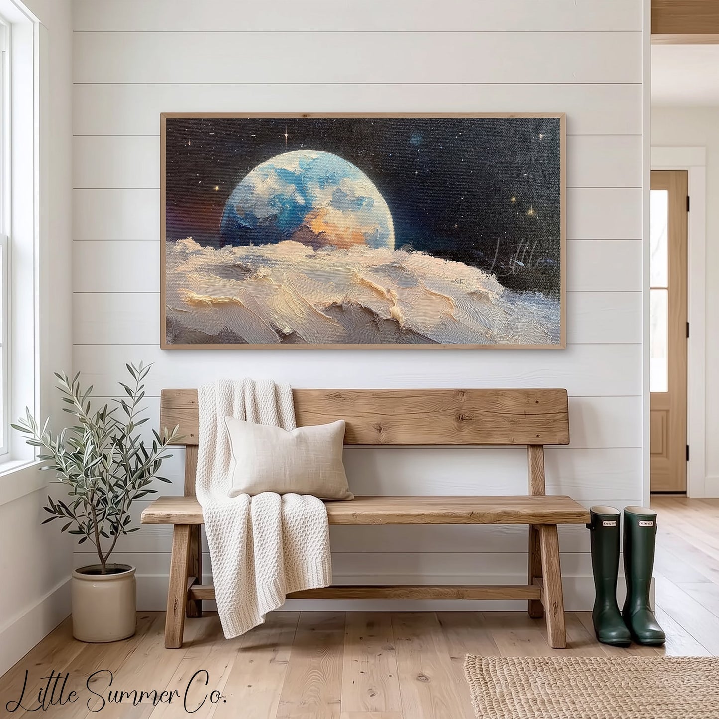 Blue Earth Above Moon Frame TV Art displayed on a TV