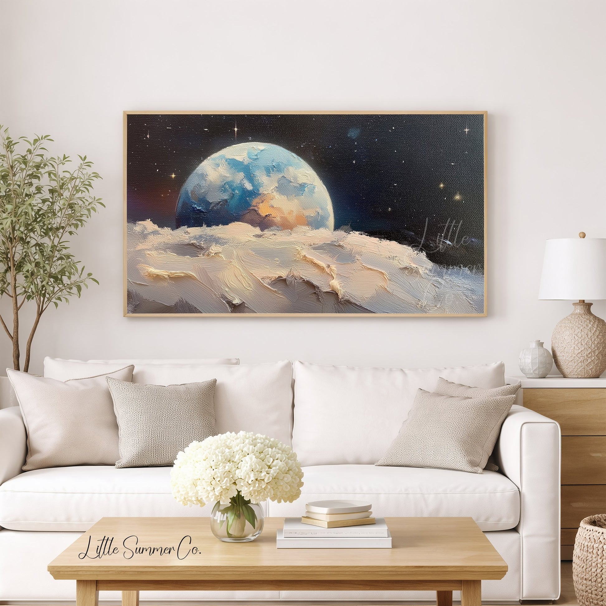 Blue Earth Above Moon Frame TV Art displayed on a TV