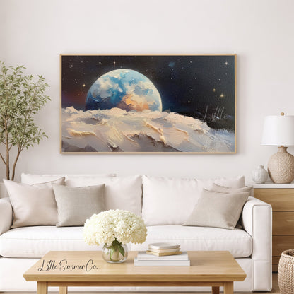 Blue Earth Above Moon Frame TV Art displayed on a TV