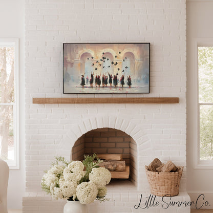 Graduation Cap Toss Celebration Frame TV Art displayed on a TV