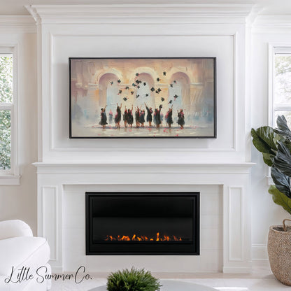 Graduation Cap Toss Celebration Frame TV Art displayed on a TV