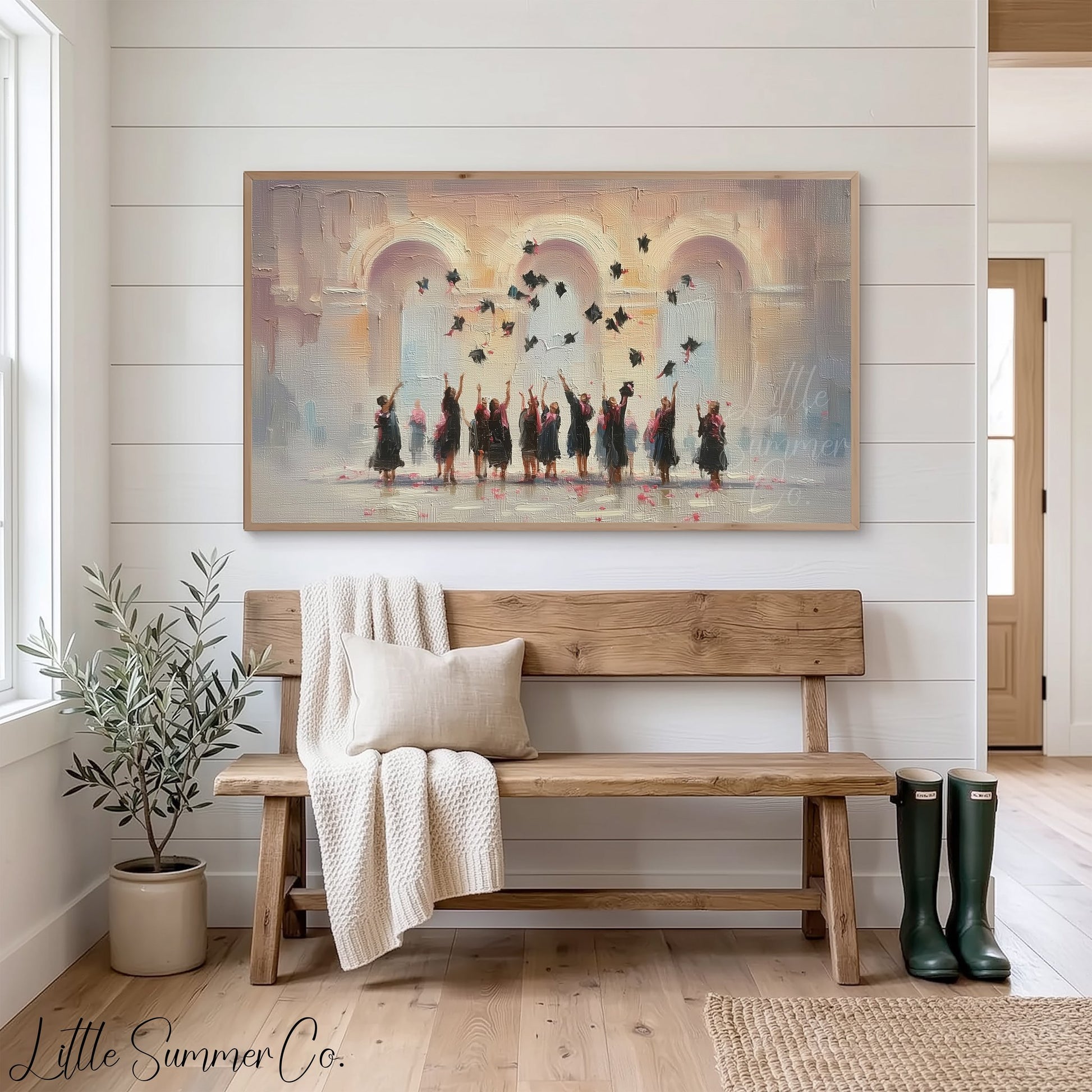 Graduation Cap Toss Celebration Frame TV Art displayed on a TV
