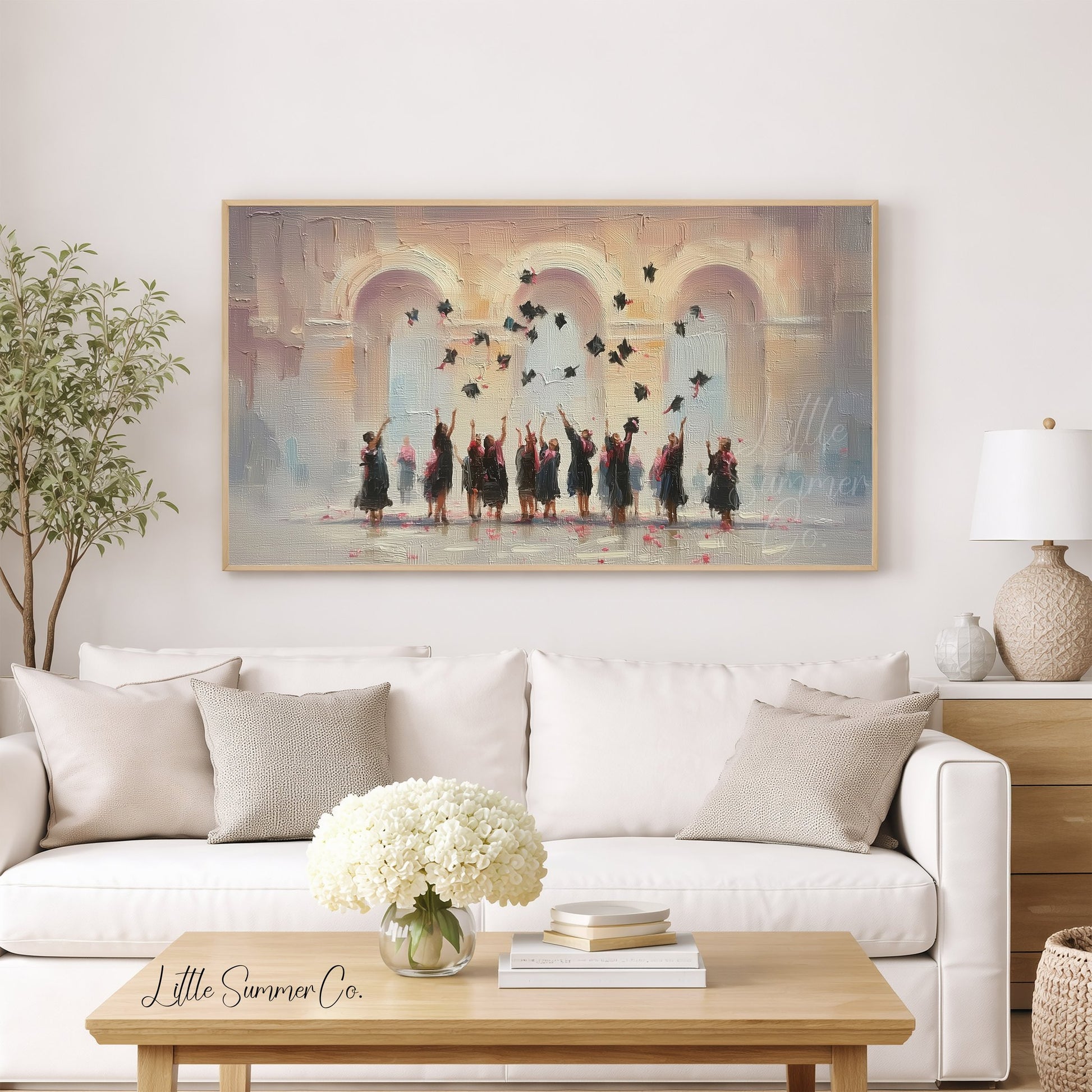 Graduation Cap Toss Celebration Frame TV Art displayed on a TV