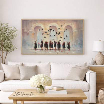Graduation Cap Toss Celebration Frame TV Art displayed on a TV