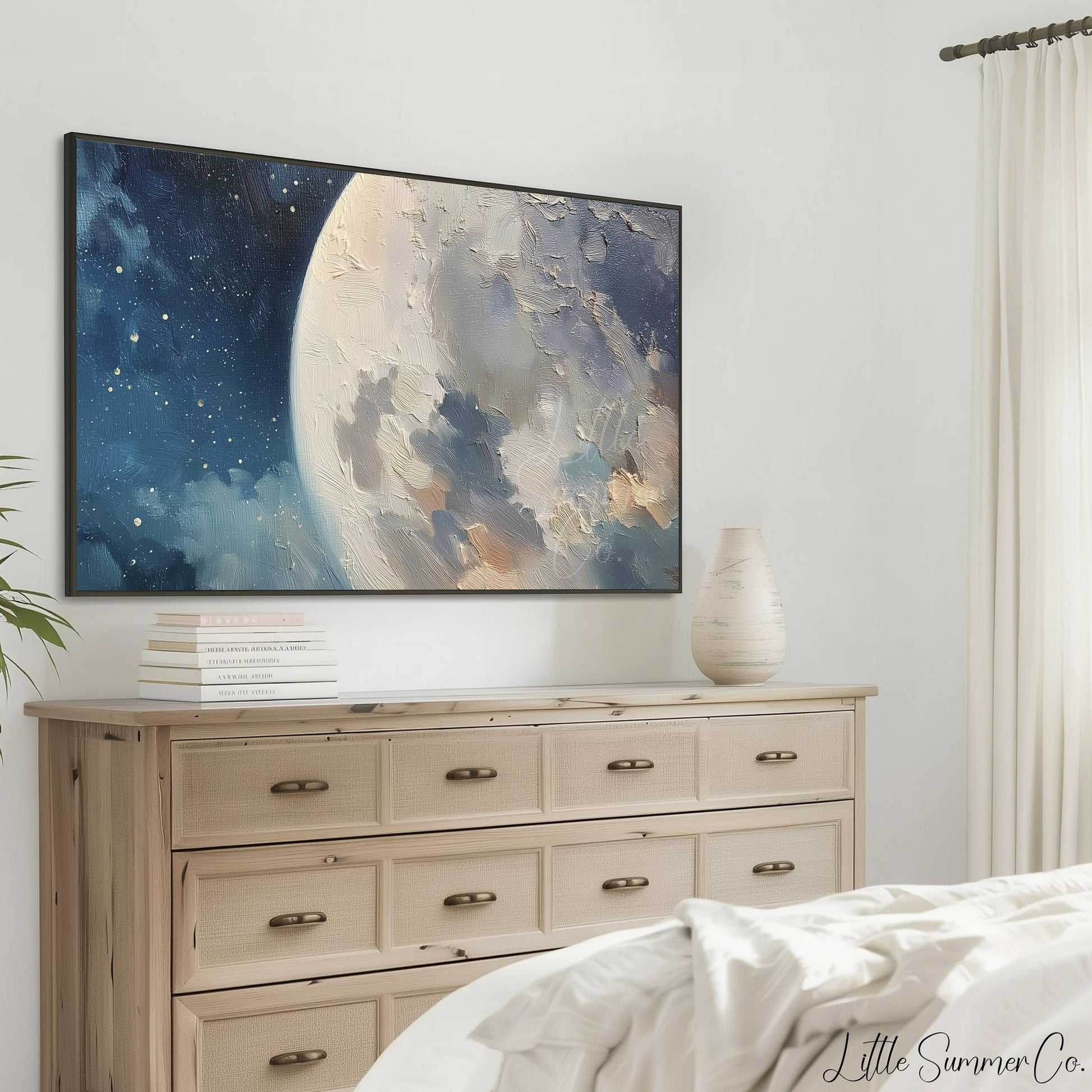 Full Moon And Starry Night Sky Frame TV Art displayed on a TV