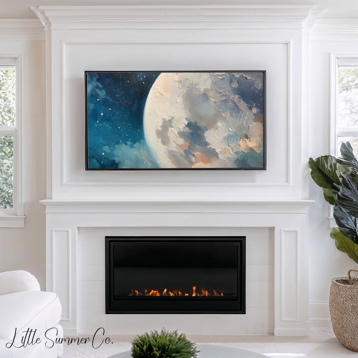 Full Moon And Starry Night Sky Frame TV Art displayed on a TV