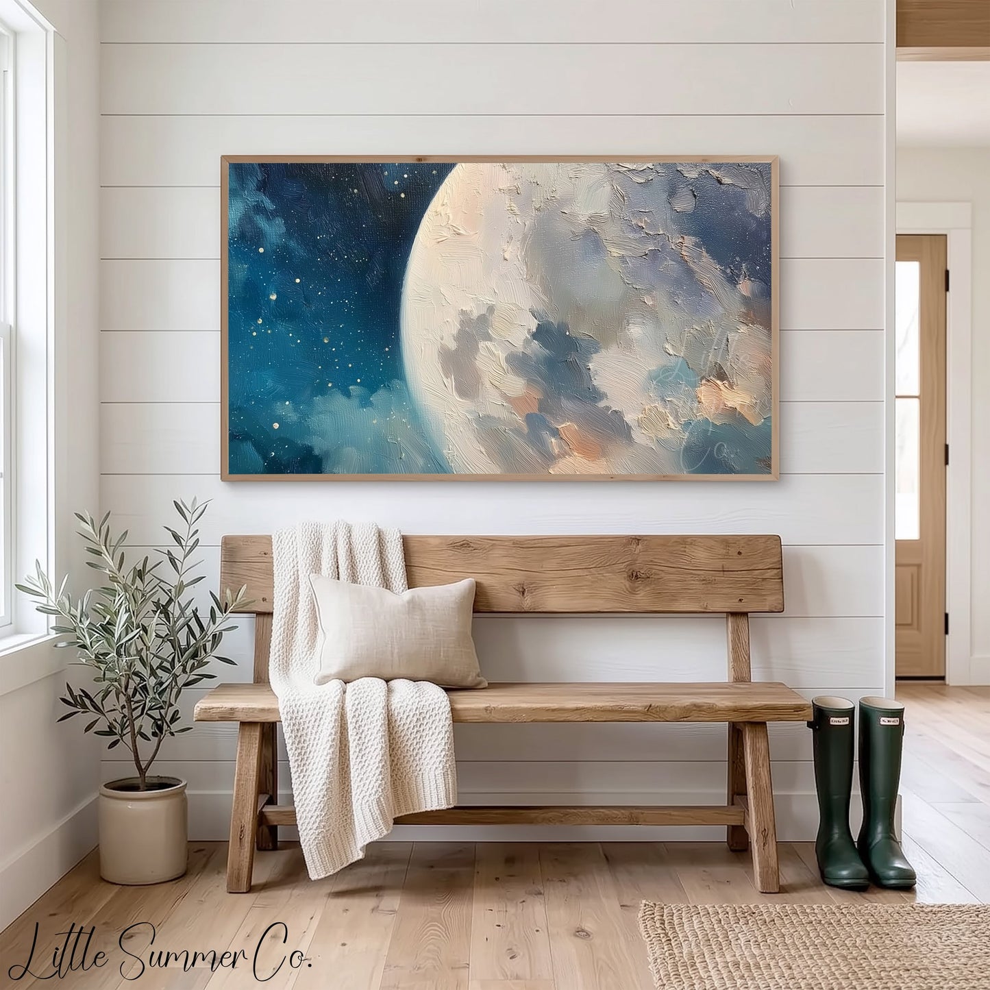 Full Moon And Starry Night Sky Frame TV Art displayed on a TV
