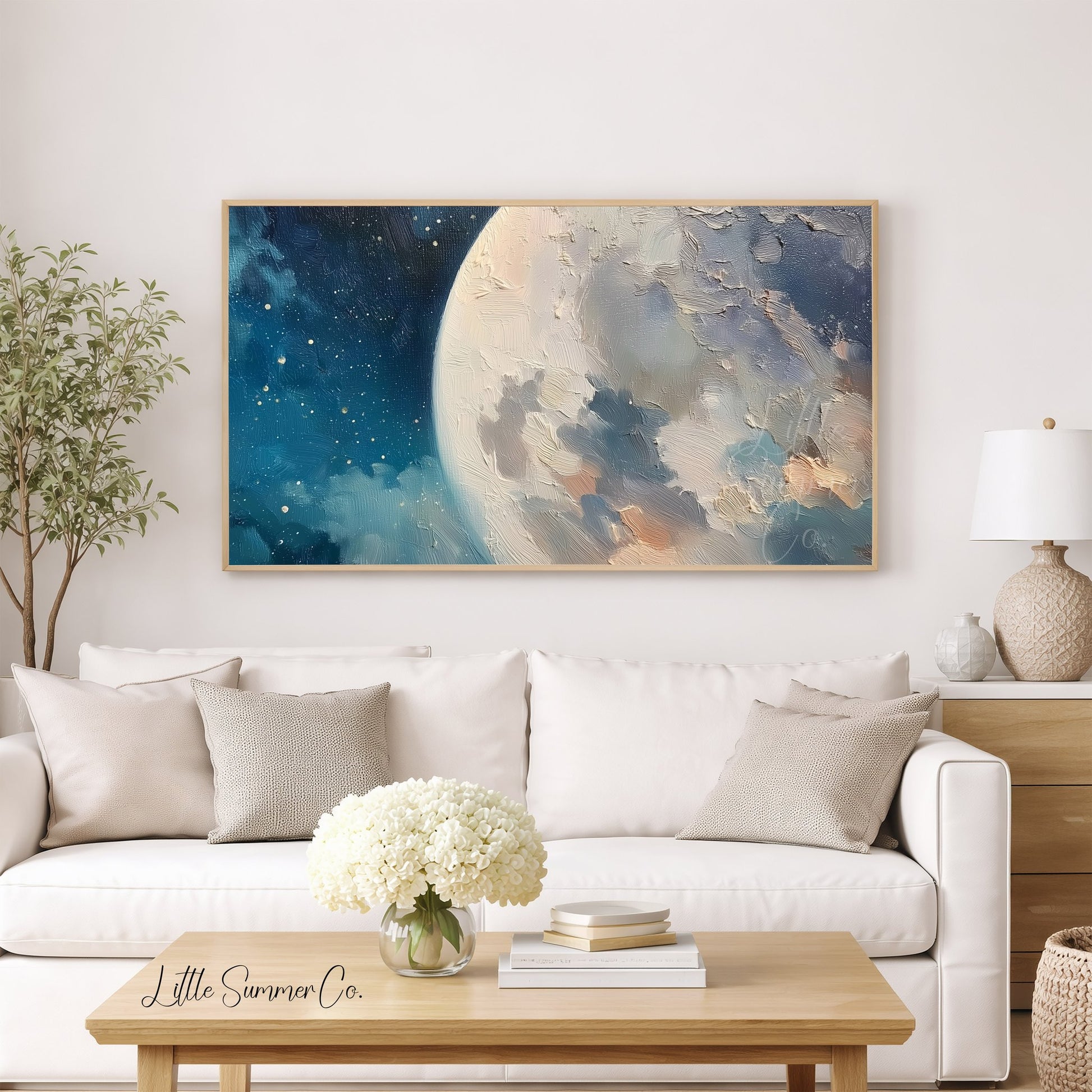 Full Moon And Starry Night Sky Frame TV Art displayed on a TV