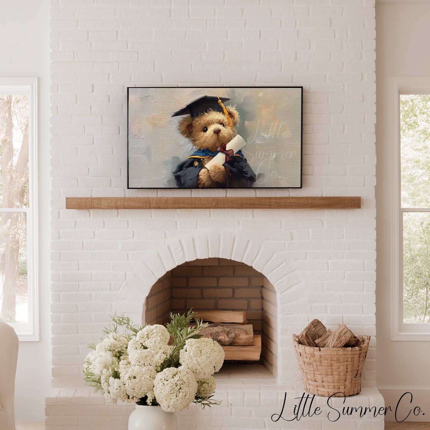 Bear In Blue Graduation Gown Frame TV Art displayed on a TV