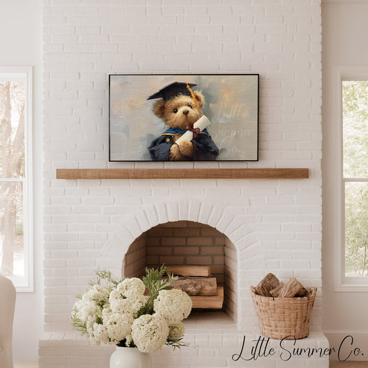 Bear In Blue Graduation Gown Frame TV Art displayed on a TV