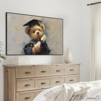 Bear In Blue Graduation Gown Frame TV Art displayed on a TV