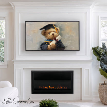 Bear In Blue Graduation Gown Frame TV Art displayed on a TV