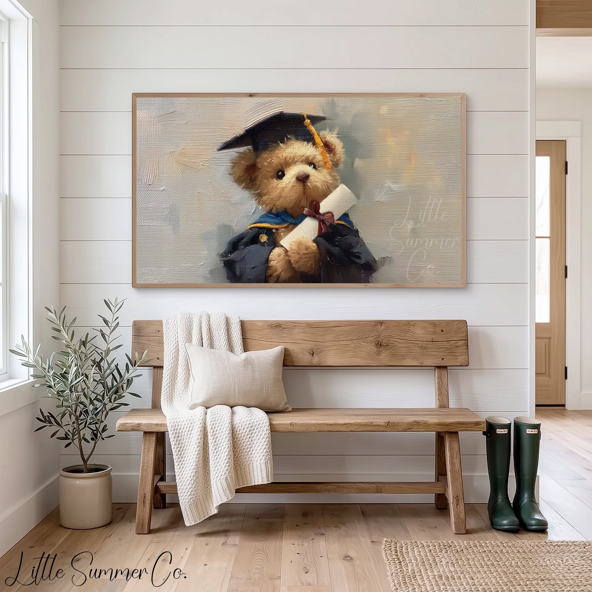 Bear In Blue Graduation Gown Frame TV Art displayed on a TV