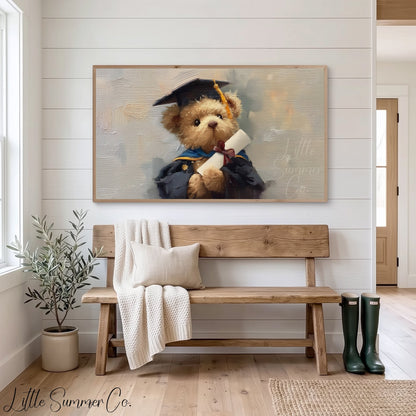 Bear In Blue Graduation Gown Frame TV Art displayed on a TV