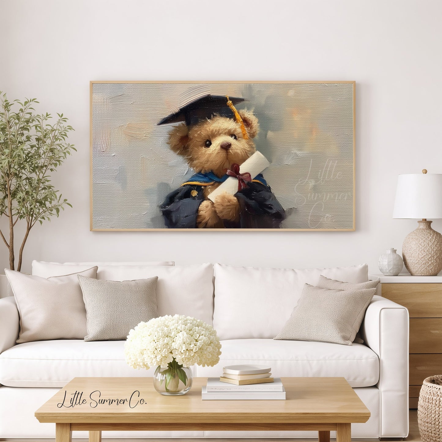 Bear In Blue Graduation Gown Frame TV Art displayed on a TV