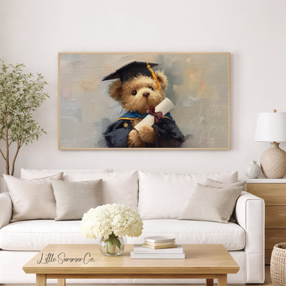Bear In Blue Graduation Gown Frame TV Art displayed on a TV
