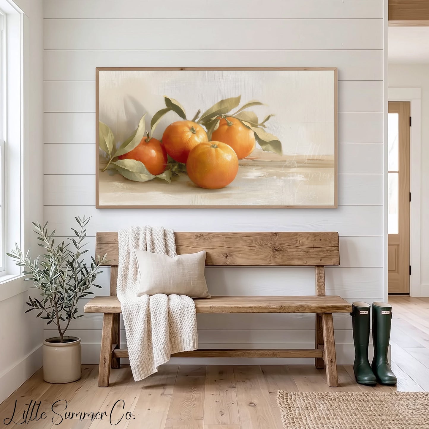 Oranges With Leaves Frame TV Art displayed on a TV