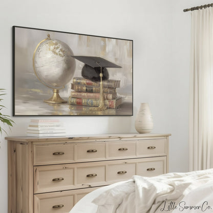 Globe Books Graduation Cap Frame TV Art displayed on a TV