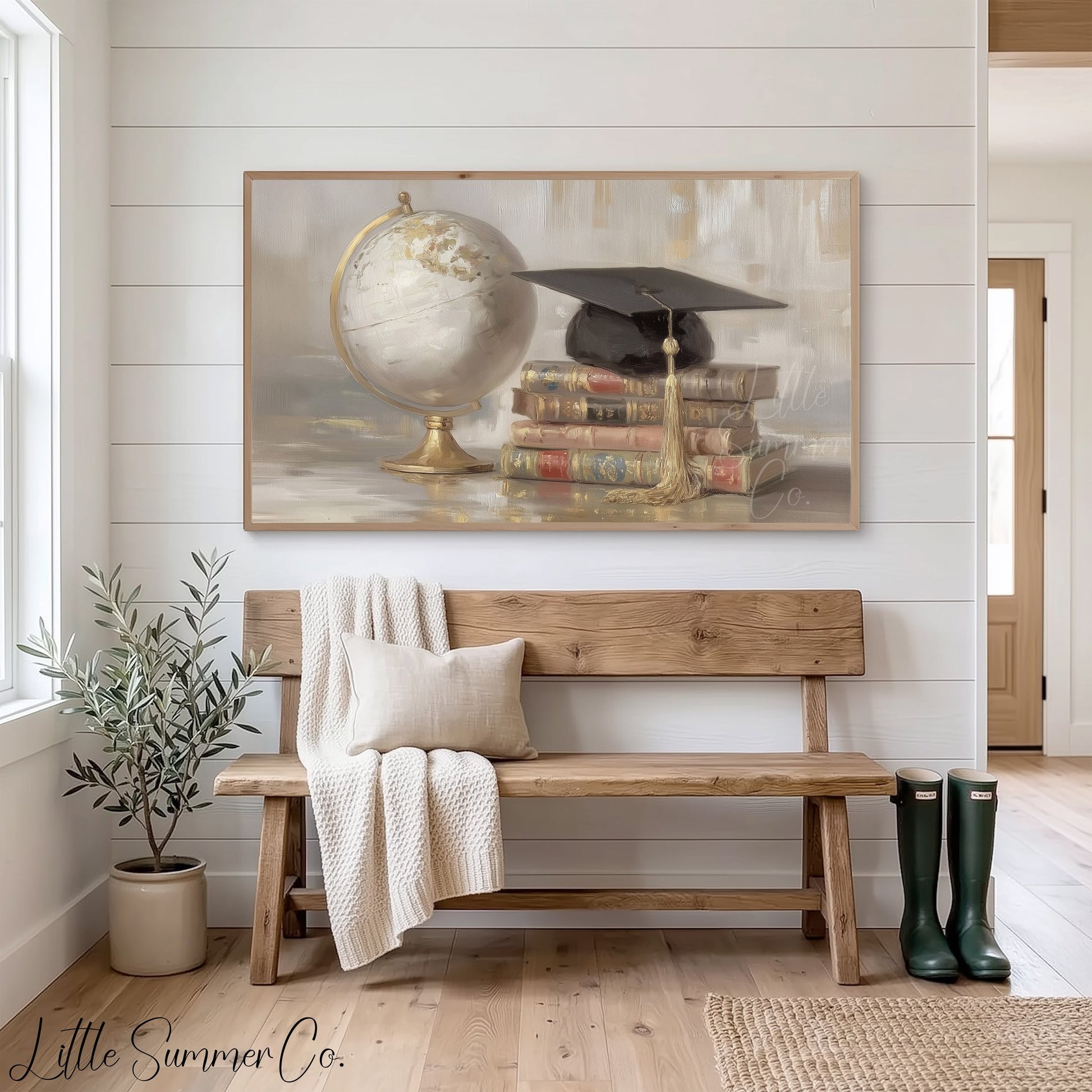 Globe Books Graduation Cap Frame TV Art displayed on a TV