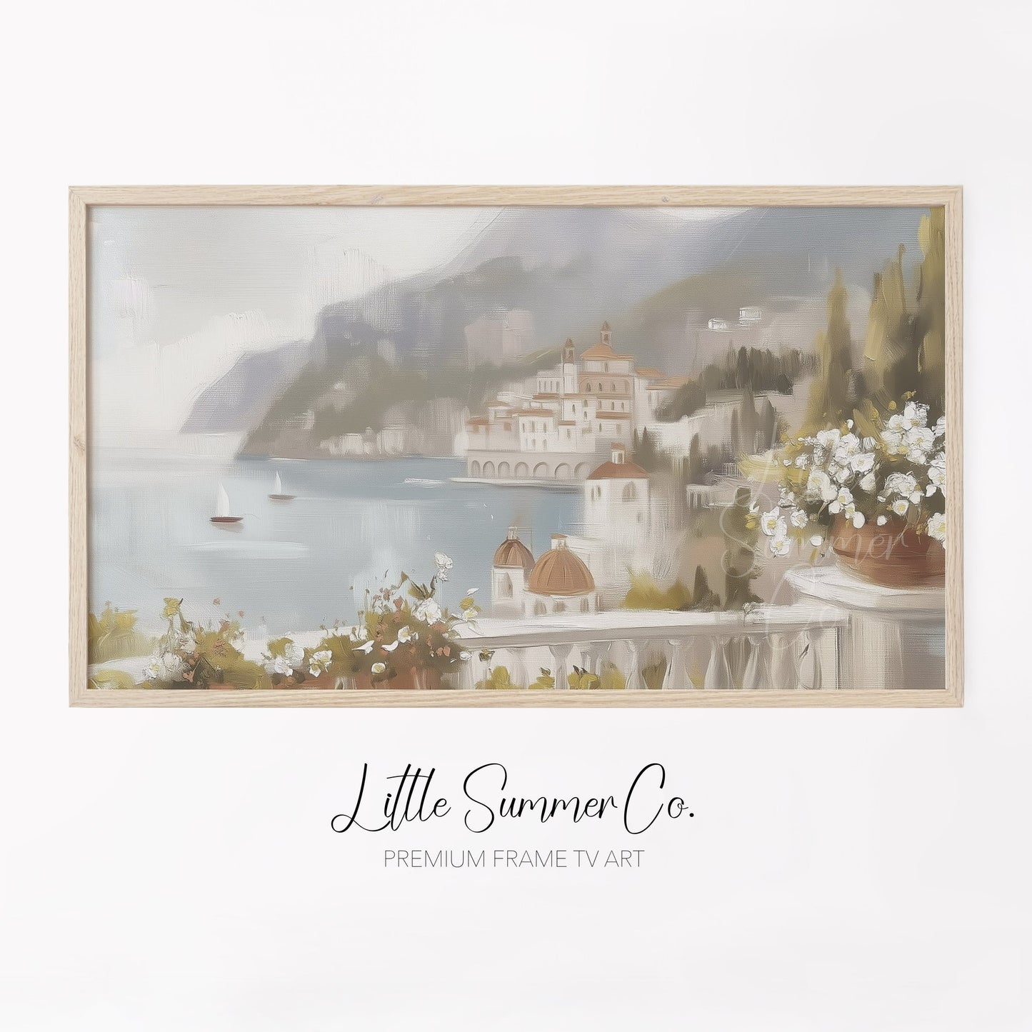Coastal Village Frame TV Art displayed on a TV
