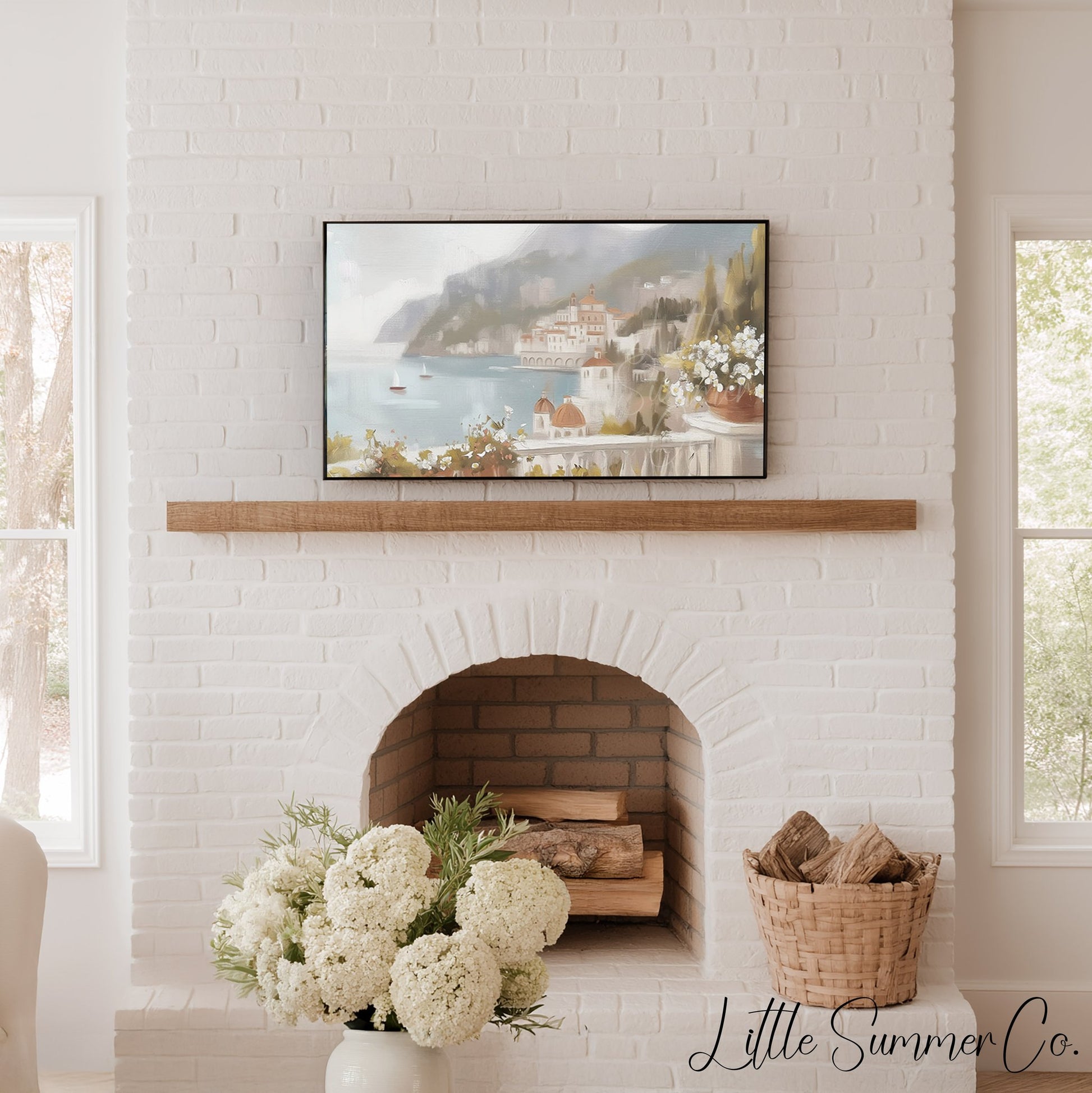 Coastal Village Frame TV Art displayed on a TV