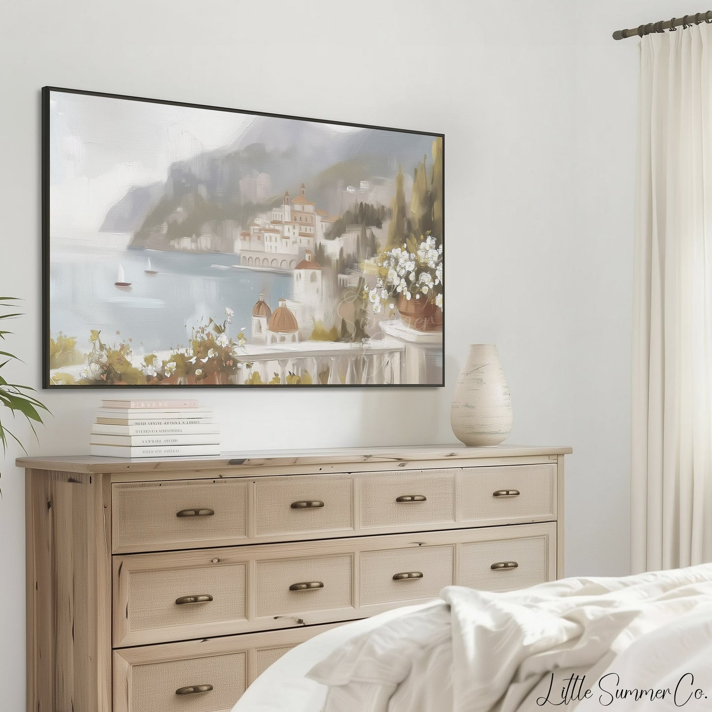 Coastal Village Frame TV Art displayed on a TV