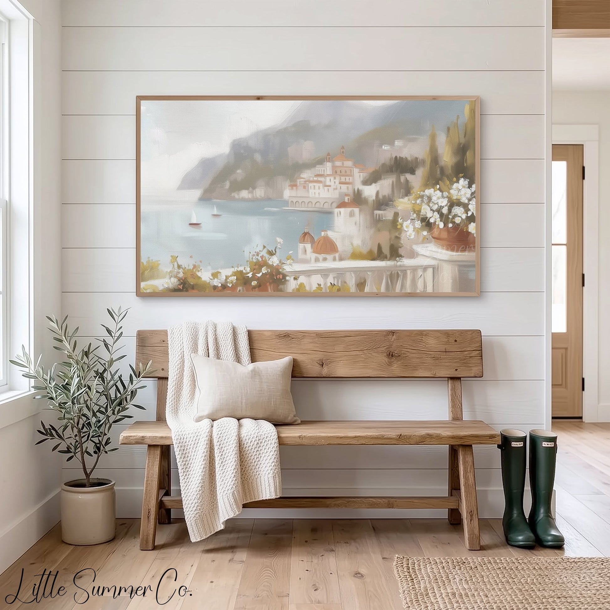 Coastal Village Frame TV Art displayed on a TV