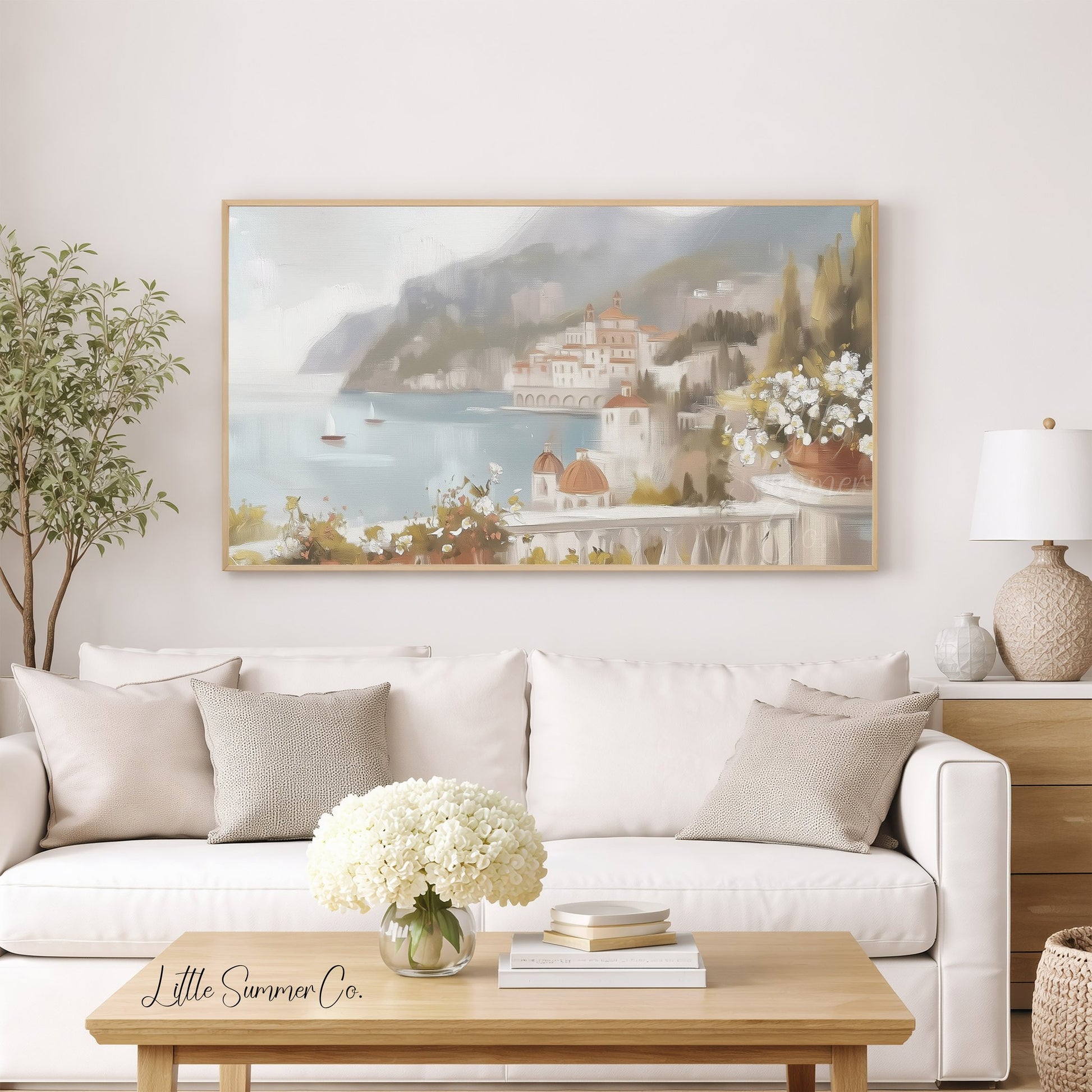 Coastal Village Frame TV Art displayed on a TV