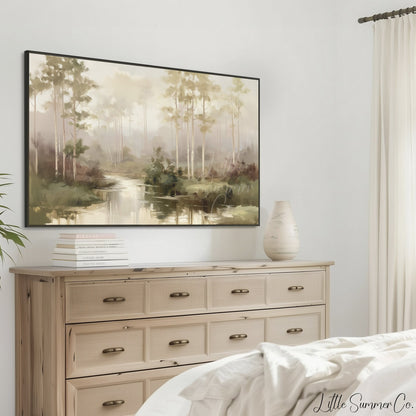 Pine Forest River Frame TV Art displayed on a TV