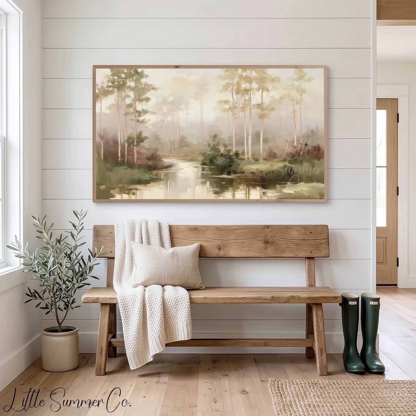 Pine Forest River Frame TV Art displayed on a TV